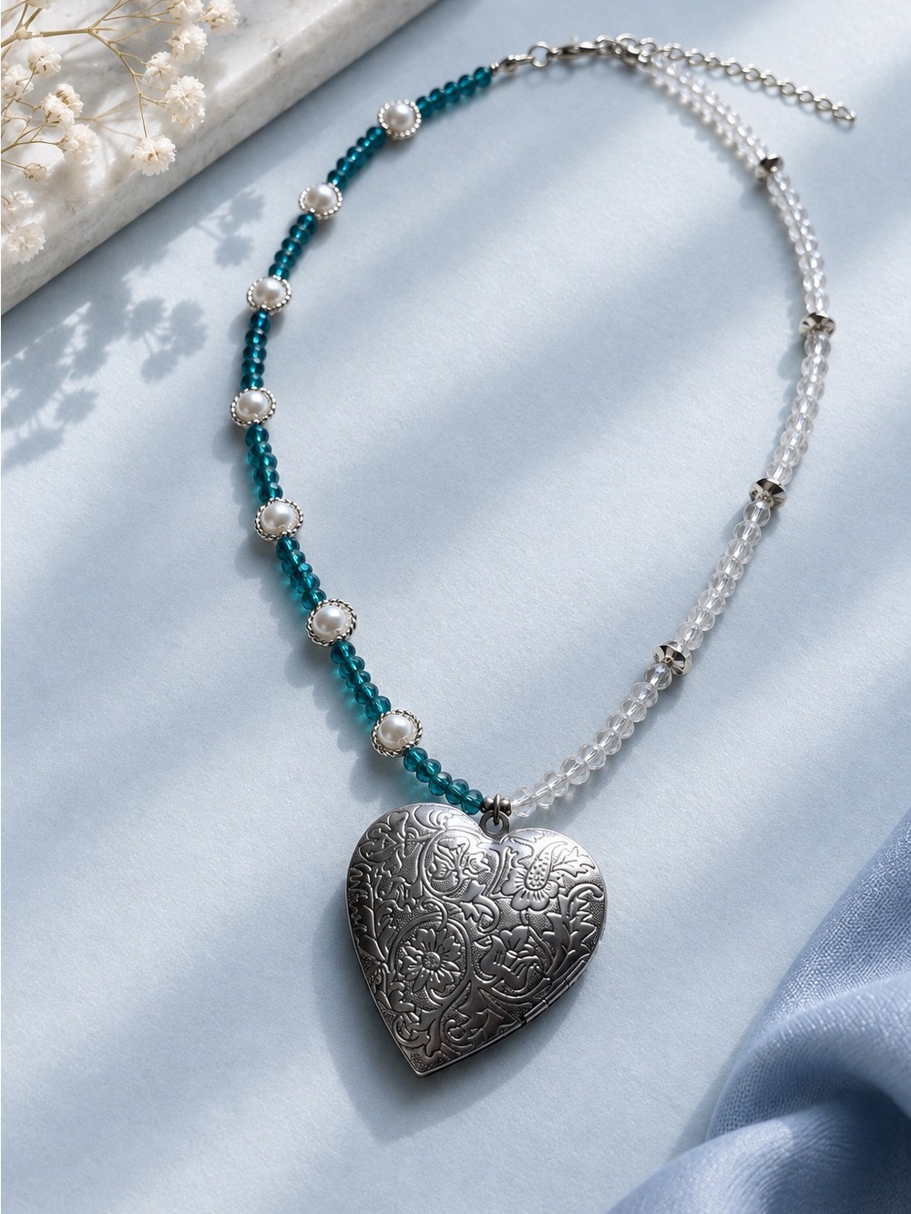 Silver Heart Pendant Necklace with Teal and Clear Beads - Women Jewelry